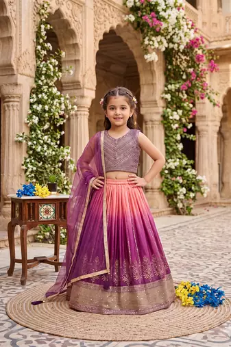 Designer chinon silk embroidered work wedding lehenga choli for kids