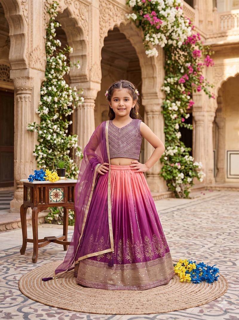 Designer chinon silk embroidered work wedding lehenga choli for kids