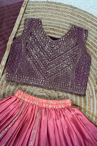 Designer chinon silk embroidered work wedding lehenga choli for kids