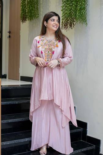 Women's Gorgeous Embroidery Work French Crepe Fabric Flared Kurta Palazzo Set