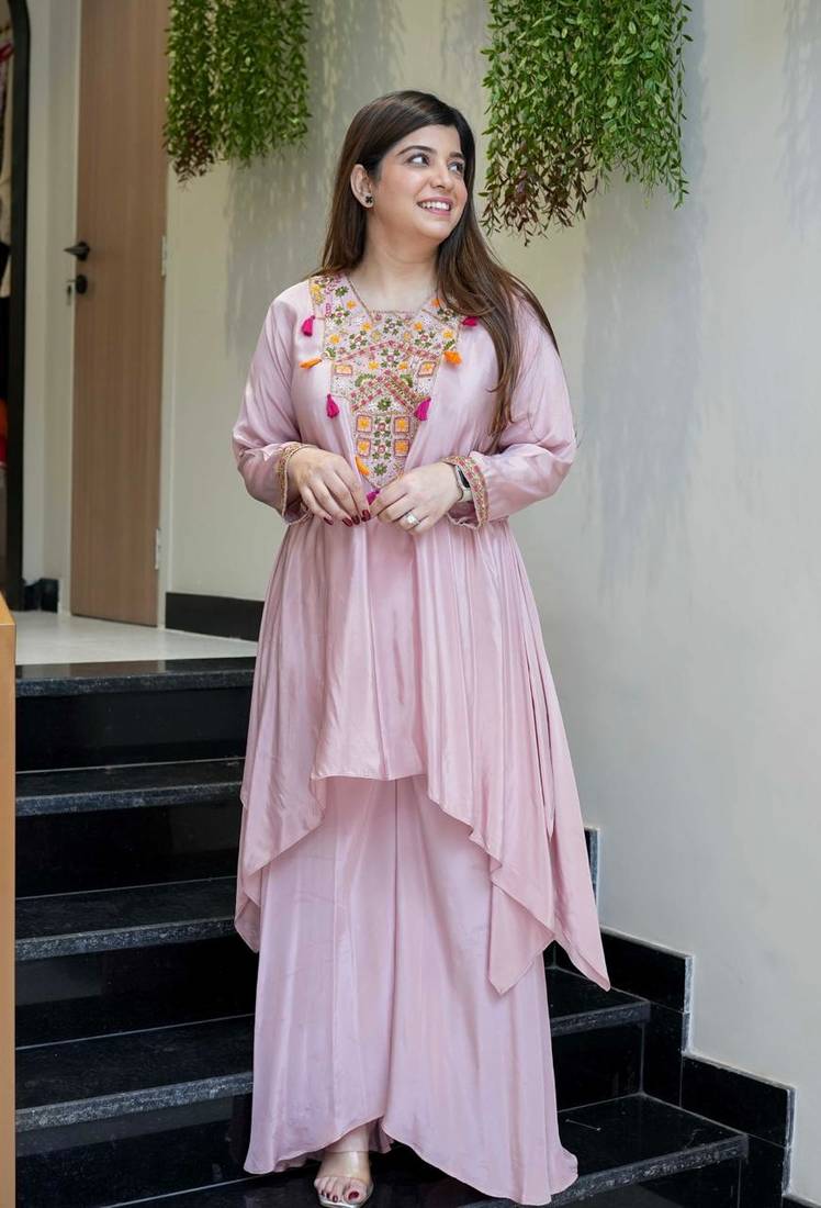 Women's Gorgeous Embroidery Work French Crepe Fabric Flared Kurta Palazzo Set