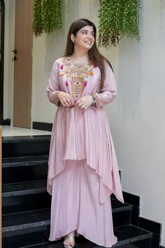 Women's Gorgeous Embroidery Work French Crepe Fabric Flared Kurta Palazzo Set