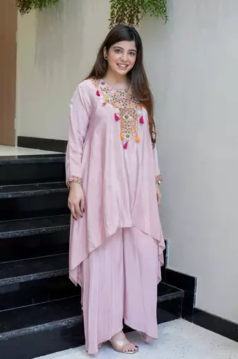 Women's Gorgeous Embroidery Work French Crepe Fabric Flared Kurta Palazzo Set