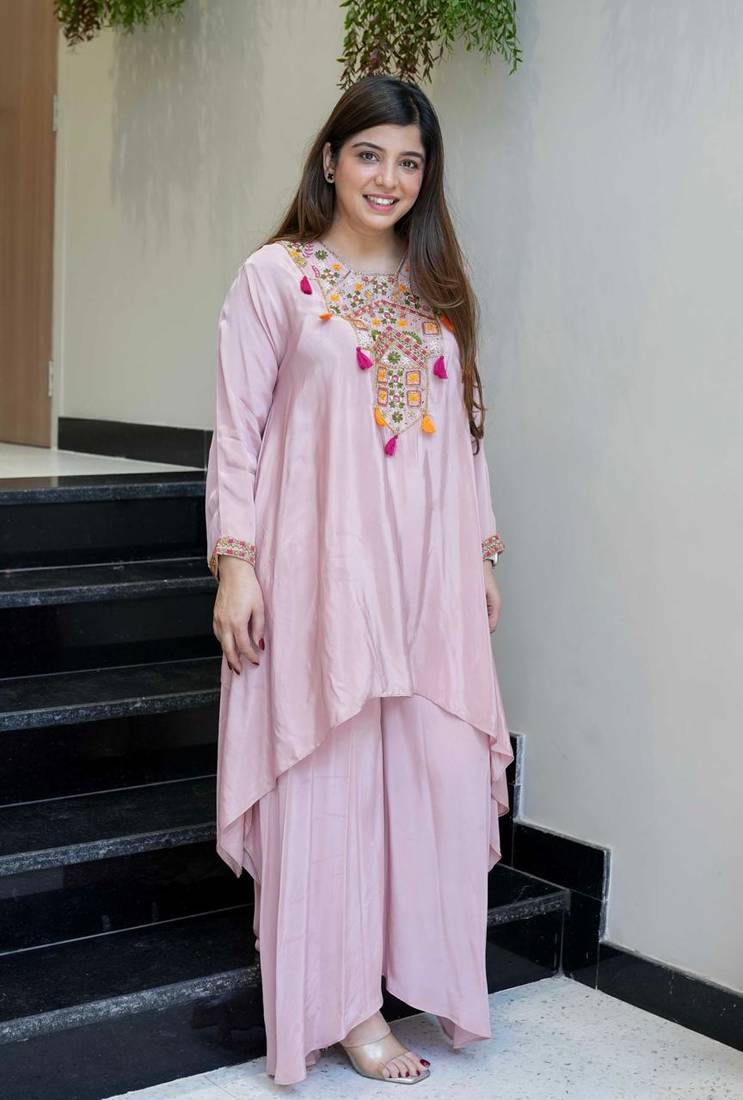 Women's Gorgeous Embroidery Work French Crepe Fabric Flared Kurta Palazzo Set
