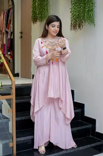 Women's Gorgeous Embroidery Work French Crepe Fabric Flared Kurta Palazzo Set