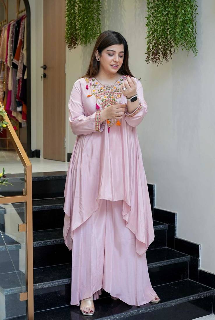 Women's Gorgeous Embroidery Work French Crepe Fabric Flared Kurta Palazzo Set