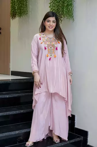 Women's Gorgeous Embroidery Work French Crepe Fabric Flared Kurta Palazzo Set