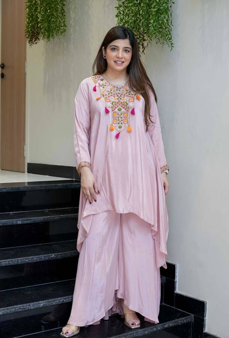 Women's Gorgeous Embroidery Work French Crepe Fabric Flared Kurta Palazzo Set