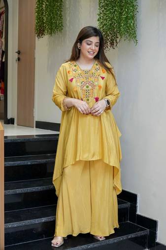 Women's Gorgeous Embroidery Work French Crepe Fabric Flared Kurta Palazzo Set