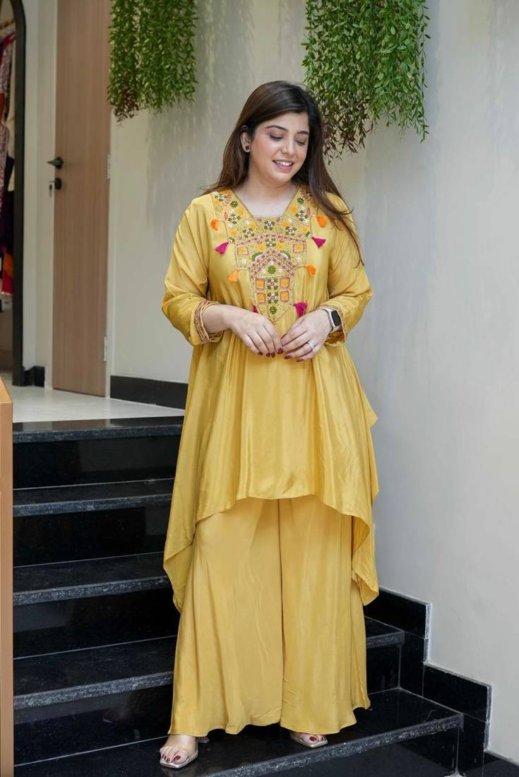 Women's Gorgeous Embroidery Work French Crepe Fabric Flared Kurta Palazzo Set