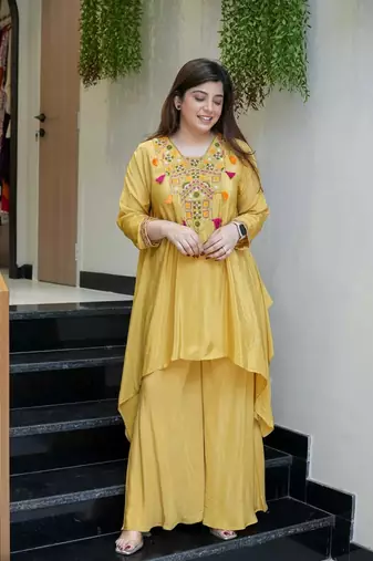 Women's Gorgeous Embroidery Work French Crepe Fabric Flared Kurta Palazzo Set