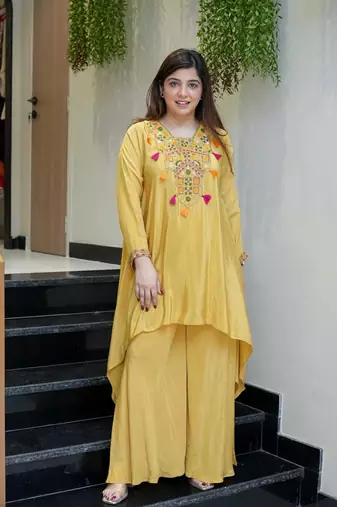 Women's Gorgeous Embroidery Work French Crepe Fabric Flared Kurta Palazzo Set