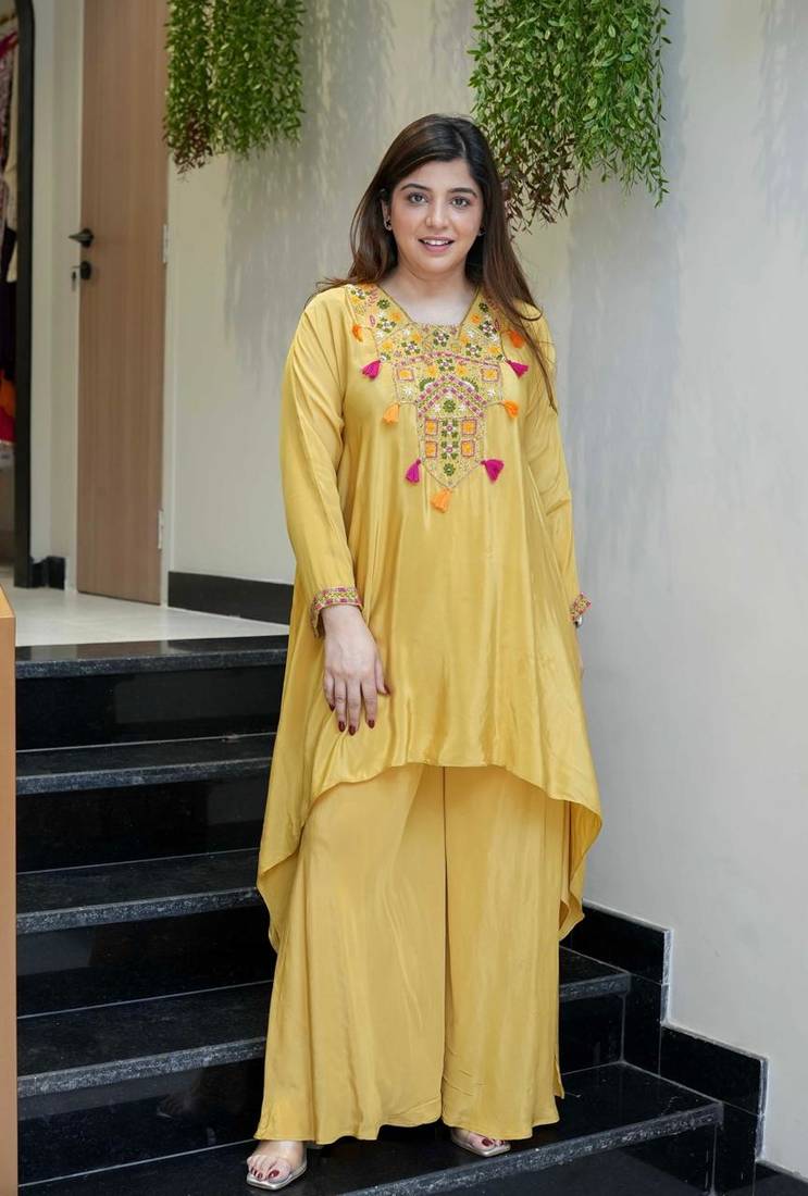 Women's Gorgeous Embroidery Work French Crepe Fabric Flared Kurta Palazzo Set