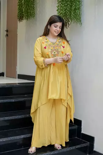 Women's Gorgeous Embroidery Work French Crepe Fabric Flared Kurta Palazzo Set