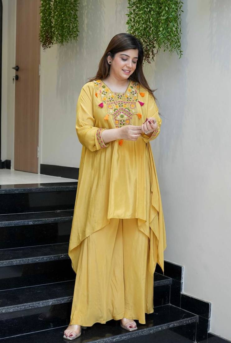 Women's Gorgeous Embroidery Work French Crepe Fabric Flared Kurta Palazzo Set