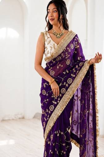 Women's satin silk saree with elegant lace border party wear designer saree