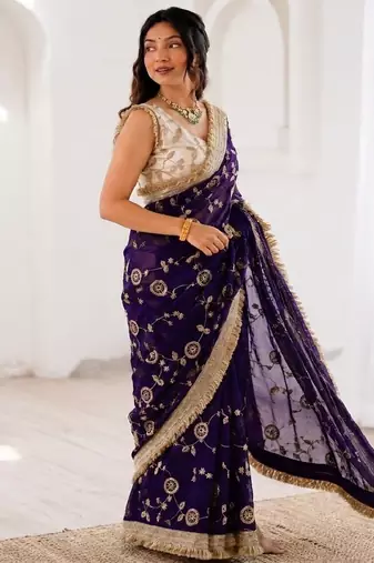 Women's satin silk saree with elegant lace border party wear designer saree