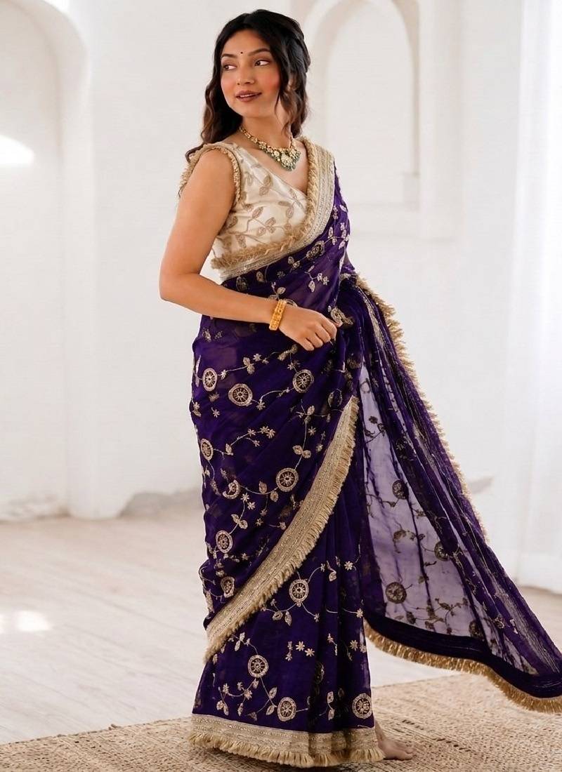 Women's satin silk saree with elegant lace border party wear designer saree
