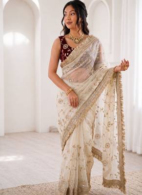 Women's satin silk saree with elegant lace border party wear designer saree 1