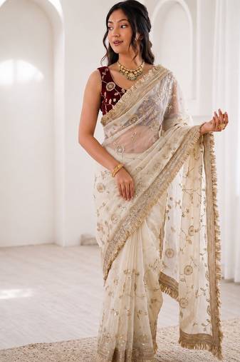 Women's satin silk saree with elegant lace border party wear designer saree