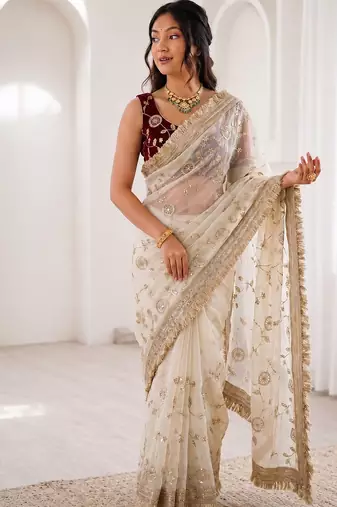 Women's satin silk saree with elegant lace border party wear designer saree