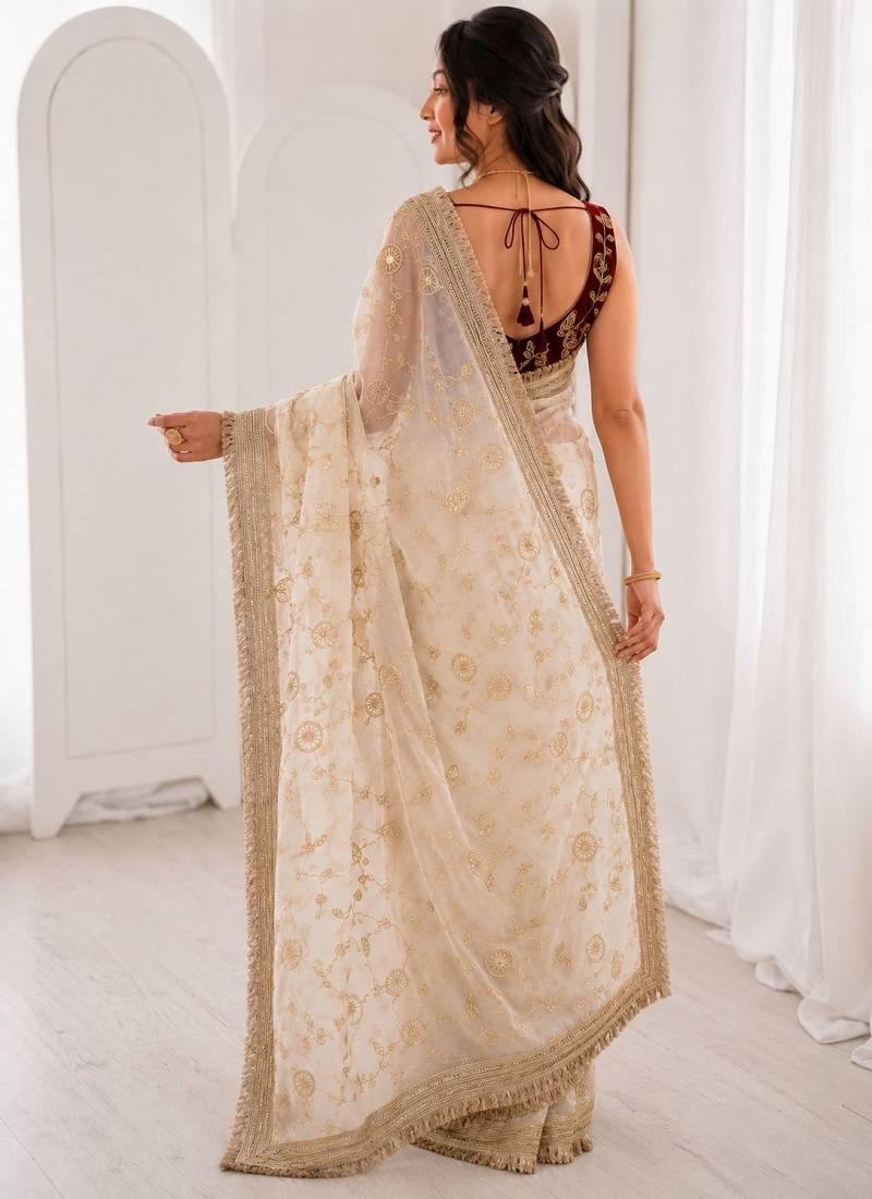 Women's satin silk saree with elegant lace border party wear designer saree