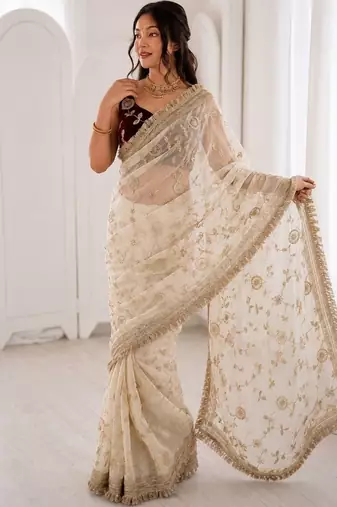 Women's satin silk saree with elegant lace border party wear designer saree