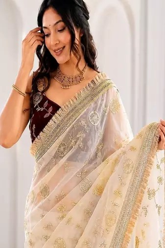 Women's satin silk saree with elegant lace border party wear designer saree