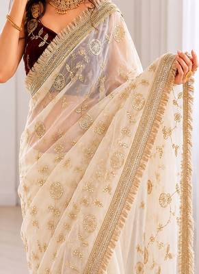 Women's satin silk saree with elegant lace border party wear designer saree 5