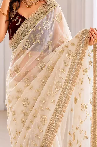Women's satin silk saree with elegant lace border party wear designer saree