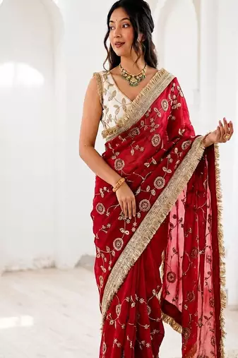 Women's satin silk saree with elegant lace border party wear designer saree