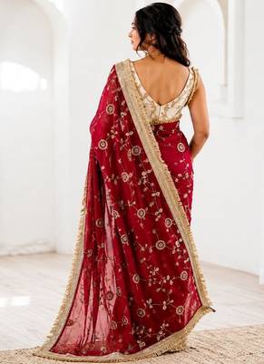 Women's satin silk saree with elegant lace border party wear designer saree 2