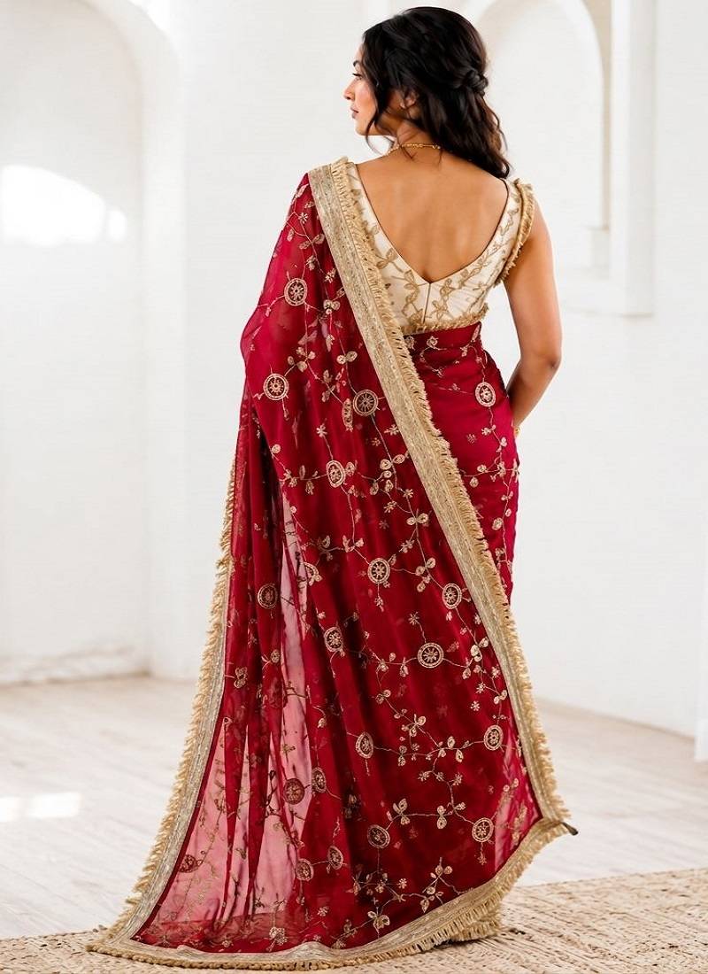 Women's satin silk saree with elegant lace border party wear designer saree