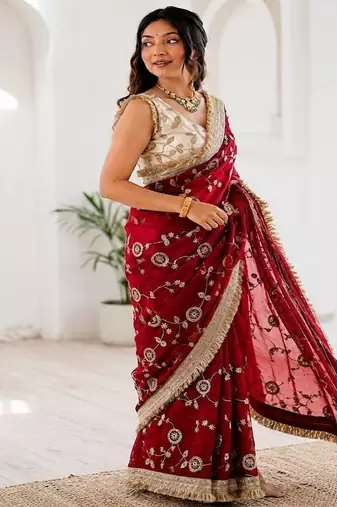 Women's satin silk saree with elegant lace border party wear designer saree