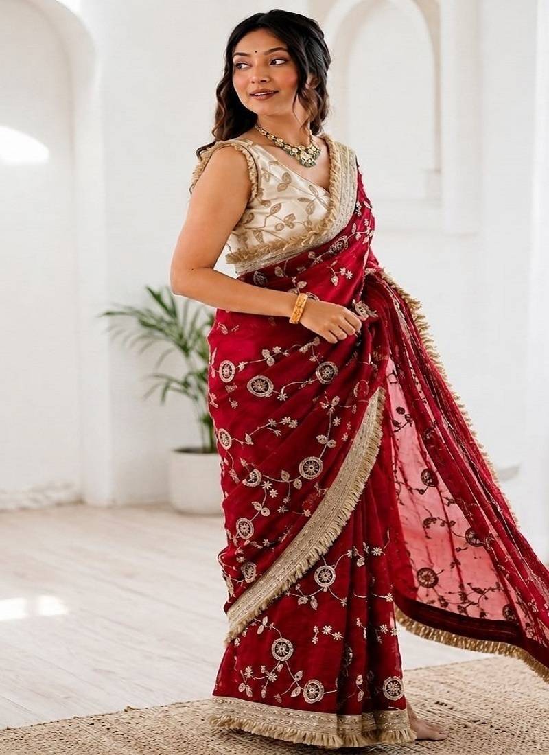 Women's satin silk saree with elegant lace border party wear designer saree