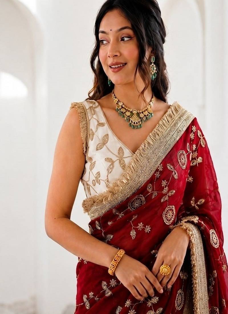 Women's satin silk saree with elegant lace border party wear designer saree
