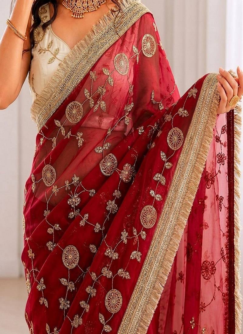 Women's satin silk saree with elegant lace border party wear designer saree