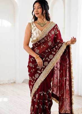 Women's satin silk saree with elegant lace border party wear designer saree 1