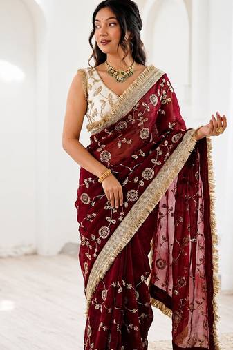 Women's satin silk saree with elegant lace border party wear designer saree