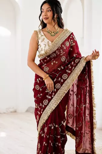 Women's satin silk saree with elegant lace border party wear designer saree