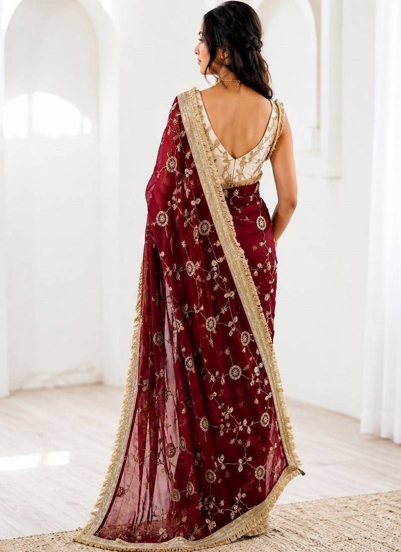 Women's satin silk saree with elegant lace border party wear designer saree
