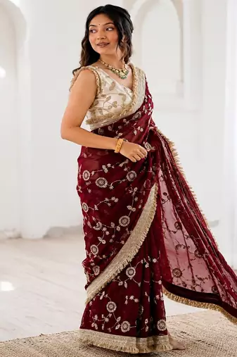 Women's satin silk saree with elegant lace border party wear designer saree