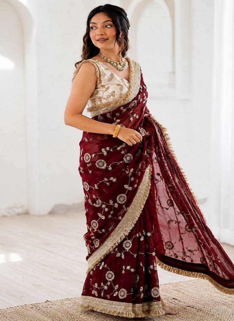 Women's satin silk saree with elegant lace border party wear designer saree