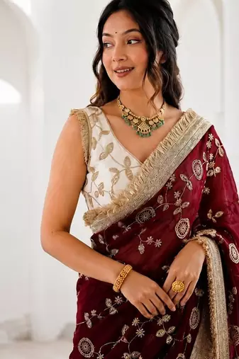 Women's satin silk saree with elegant lace border party wear designer saree