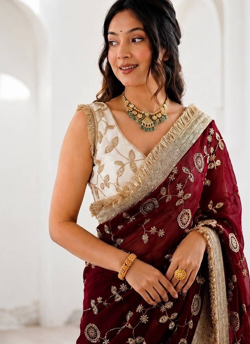 Women's satin silk saree with elegant lace border party wear designer saree