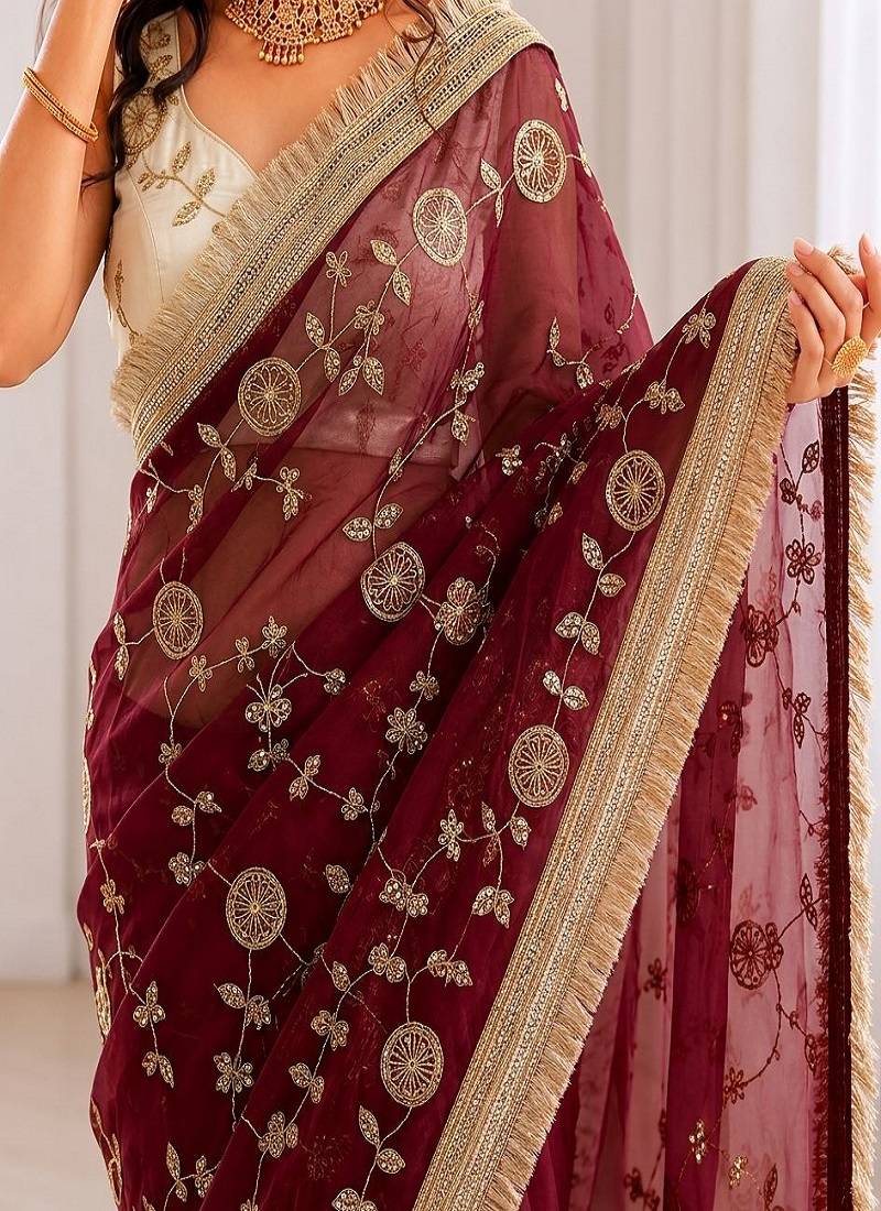Women's satin silk saree with elegant lace border party wear designer saree