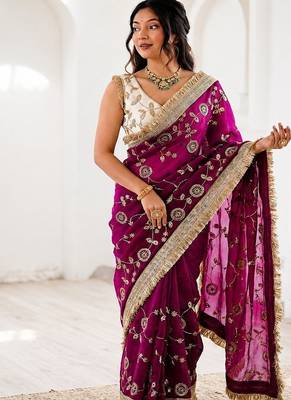Women's satin silk saree with elegant lace border party wear designer saree 1