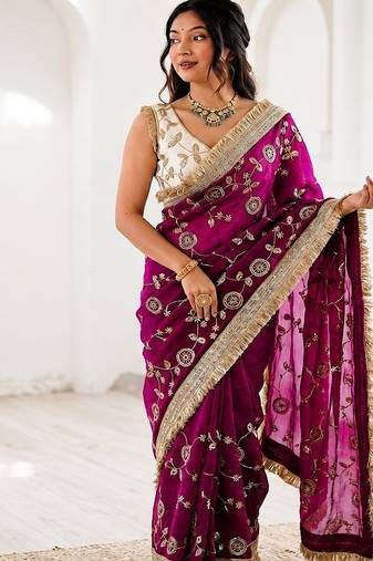 Women's satin silk saree with elegant lace border party wear designer saree
