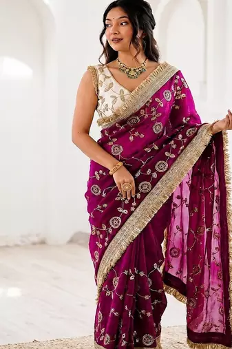 Women's satin silk saree with elegant lace border party wear designer saree