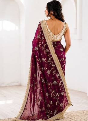 Women's satin silk saree with elegant lace border party wear designer saree 2